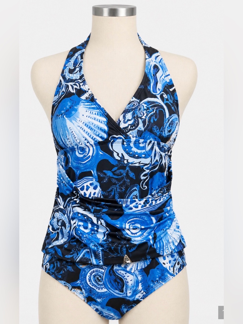 NEW WHITE HOUSE BLACK MARKET BLUE SHELLS HALTER ONE PIECE SWIMSUIT LARGE
